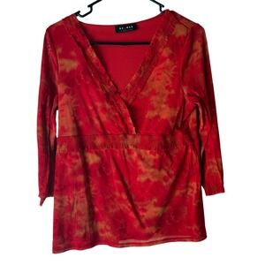 Access Tunic Top Women's Red Orange Tie Dye V Neck 3/4 Sleeve Smocked Waist